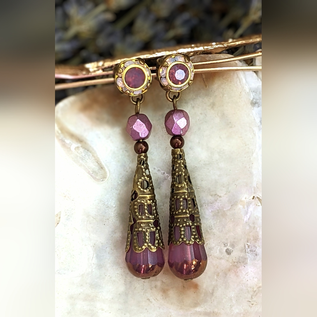 Victorian Amethyst Opal Swarovski Crystal & Glass Filigree Earrings In Brass
